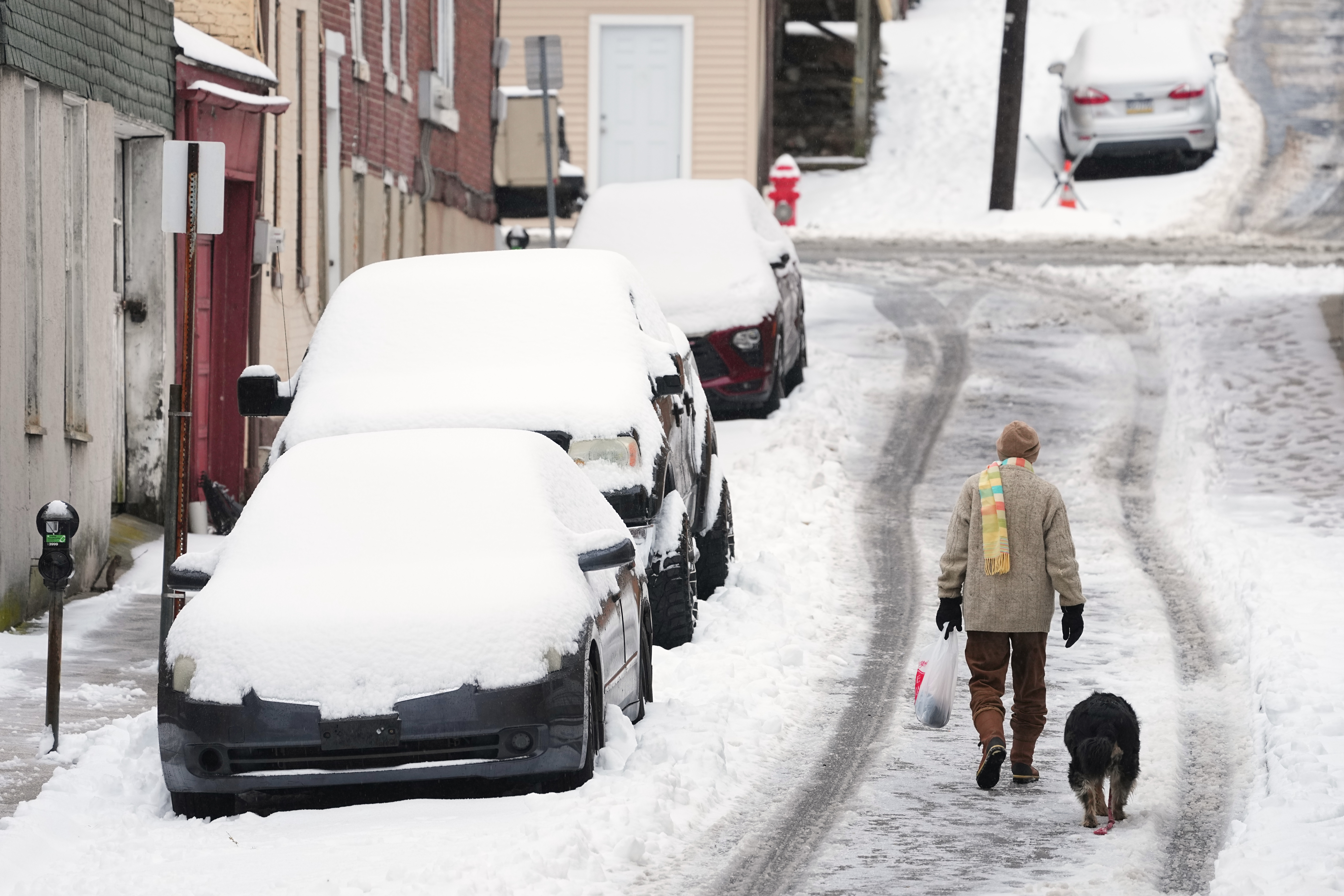 A person walks a dog on a slushy street after a winter snow storm in Pottsville, Pa., on Tuesday.